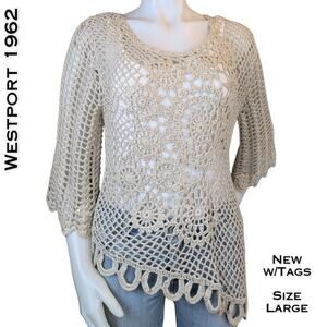 Westport 1962 Crochet Tunic Top Large Beige Open Knit Boho Coastal Festival NEW